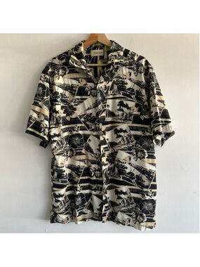 Men's Cubavera Casual Button Down Shirt L Black Beige Tropical Print